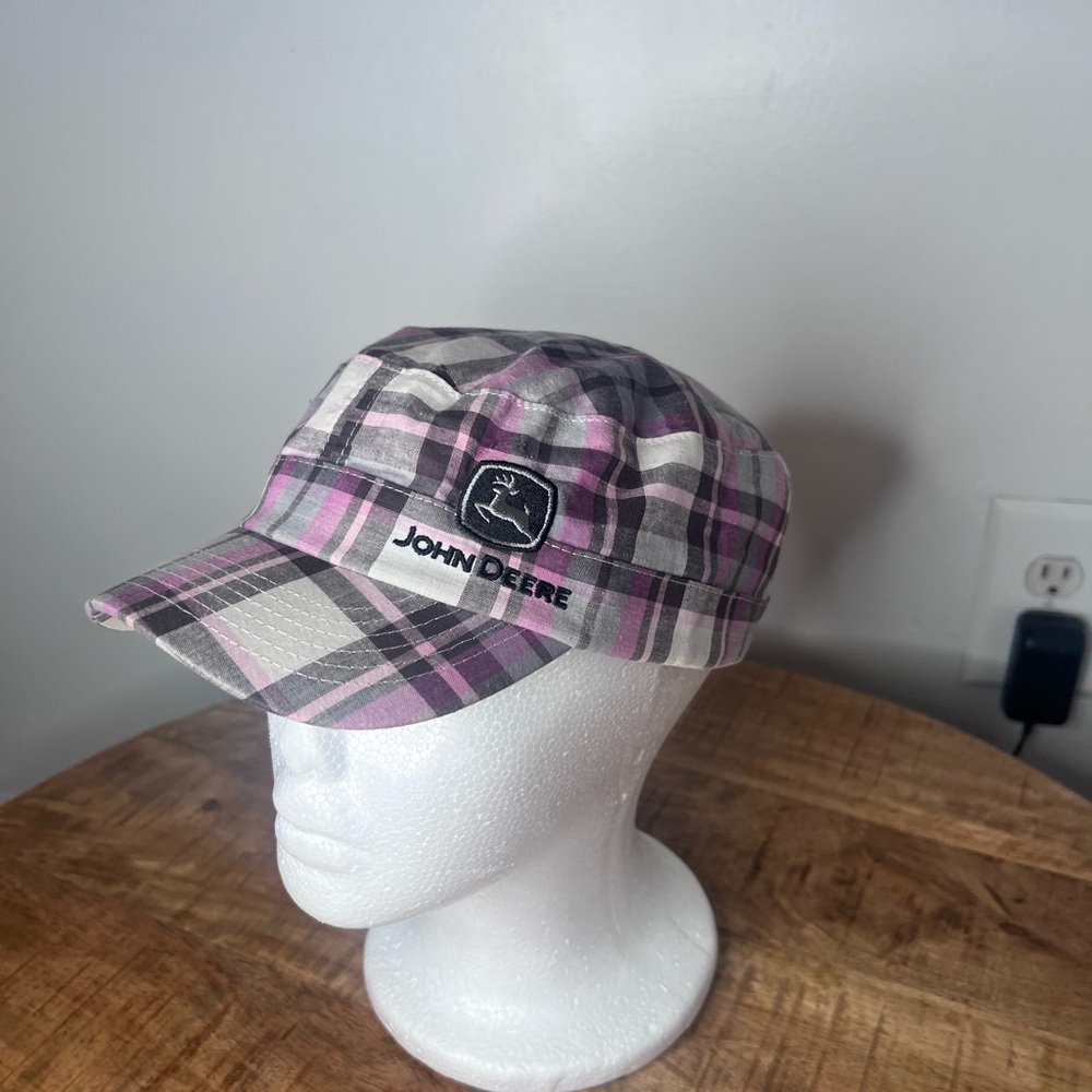 John Deere Pink & Gray Plaid Military-Style Cap